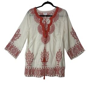 Charter Club Top Tunic Womens 1X Plus Embroidery Beach‎ Boho 3/4 Sleeve Bohemian